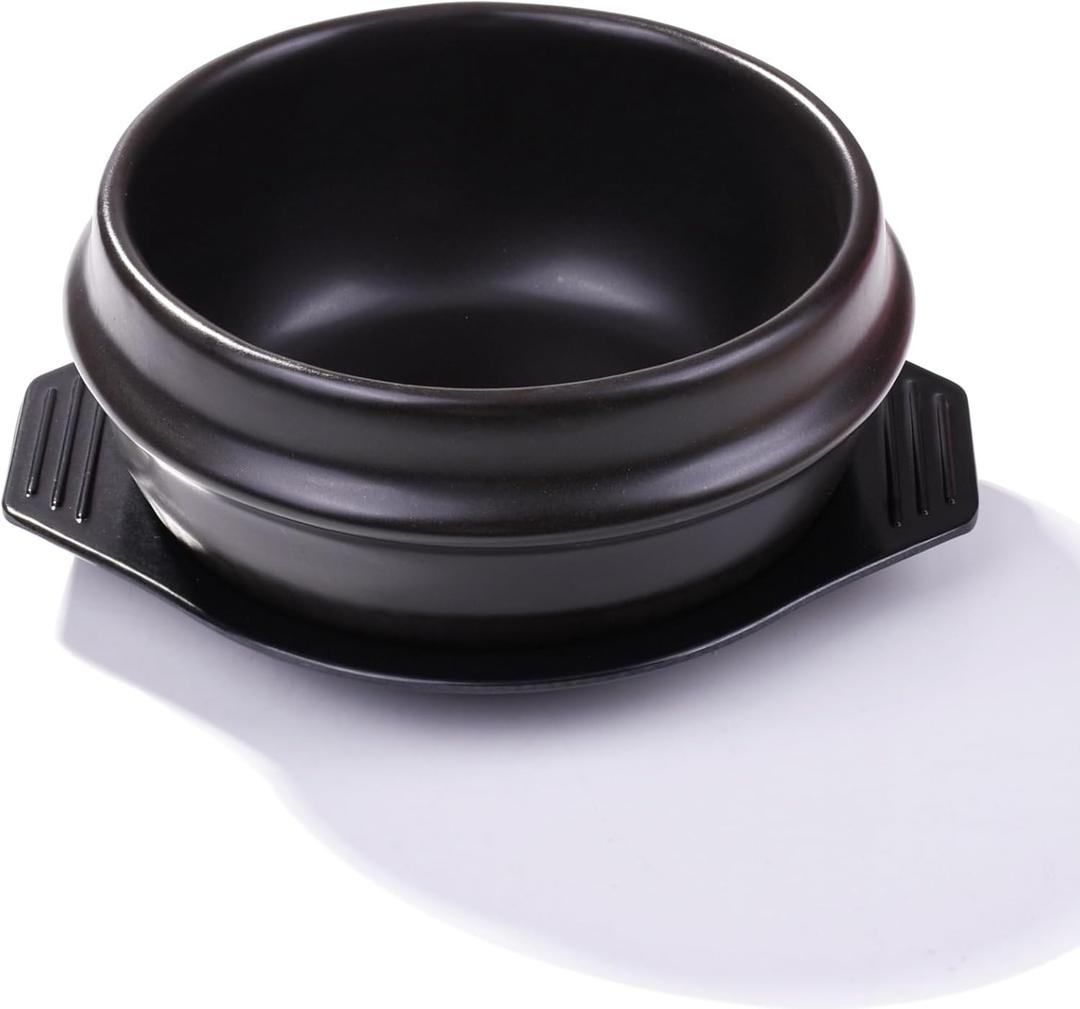 Korean Cooking Korean Stone Bowl By Whitenesser, Stone Pot Sizzling Hot Pot for Bibimbap and Soup (Medium, No Lid) - Premium Ceramic with Melamine Tray(38.5 Ounce) (16cm)