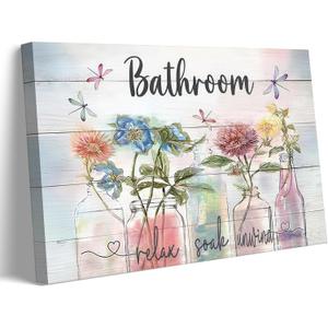 Farmhouse Bathroom Flower Canvas Wall Art Relax Soak Relaxation Wall Decor Picture Dragonfly Floral Poster Prints for Bathroom Decoration Ready To Hang