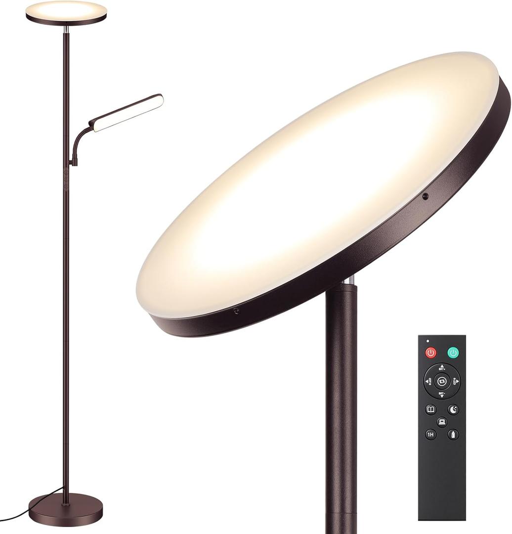 LED Floor Lamp, 48W 4000LM Super Bright Torchiere Lamps with Adjustable Reading Light, Dimmable Standing Lights with Remote & Touch Control,Brown
