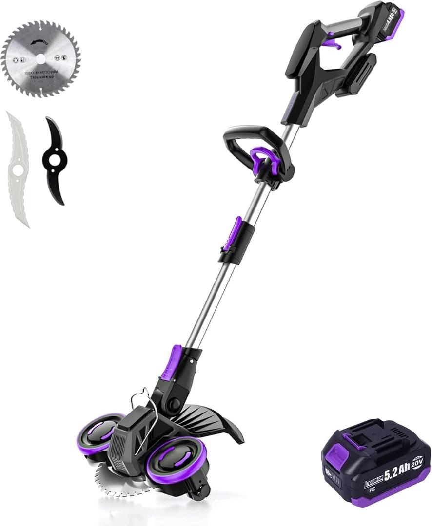 Cordless Weed Wacker, 20V 5.2Ah Battery Powered with Metal Blade, Edger/Mower/Trimmer in 1, (One Battery and Charger)