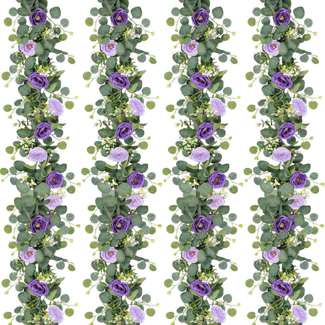 TOCHGREEN 4 Pack Artificial Eucalyptus Flower Garland with Purple Roses, Fake Rose Flower Greenery Garland Floral Vines for Wedding Home Party Table Runner Decor (Purple, 4PCS)