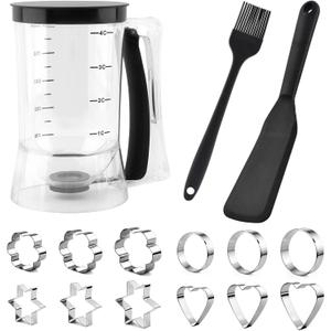 Pancake Batter Dispenser With Squeeze Handle Set, No Mess & Easy Pour, Includes Muffin, Hexagram, Heart and Flower Rings, Pastry Brush and Spatula Ideal for Pancakes, Waffles and Cupcakes