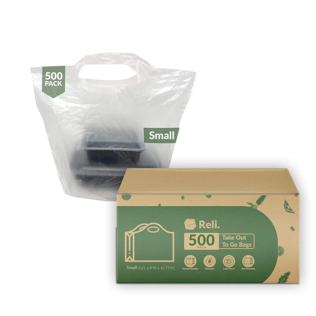 Reli. To Go Bags/Take Out Bags (500 Count Bulk) (Small 16" L x 8" W + 10.75" H) Reusable Plastic Bags with Handles | Die Cut Handle - Plastic | Use for Shopping, Business, Carry Out, Restaurant