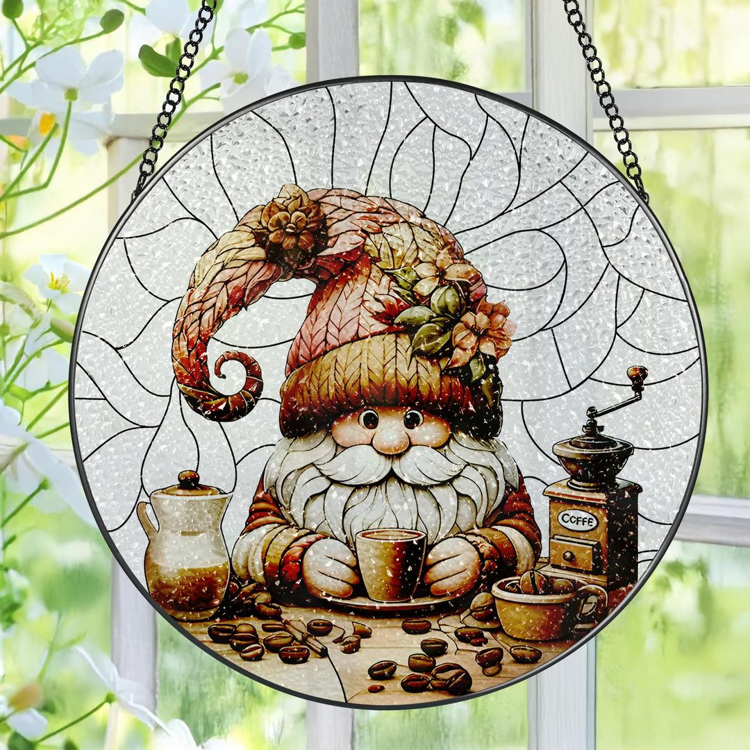 Stained Glass Window Hanging, Pauyadu Charming Gnome Sun Catchers, Stained Glass Suncatcher, Gnome Decor Gifts for Women, Mom, Grandma, Wife - 8 Inch