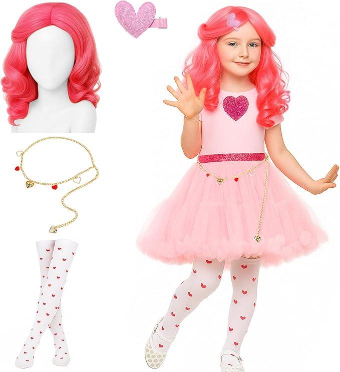JenPen 4 Pcs Halloween Rise Pink Dress Princess Costume Accessories Set Include Pink Curly Wig Heart Hairpin Heart Stockings with Waist Chain for Women Halloween Cosplay Party Outfit