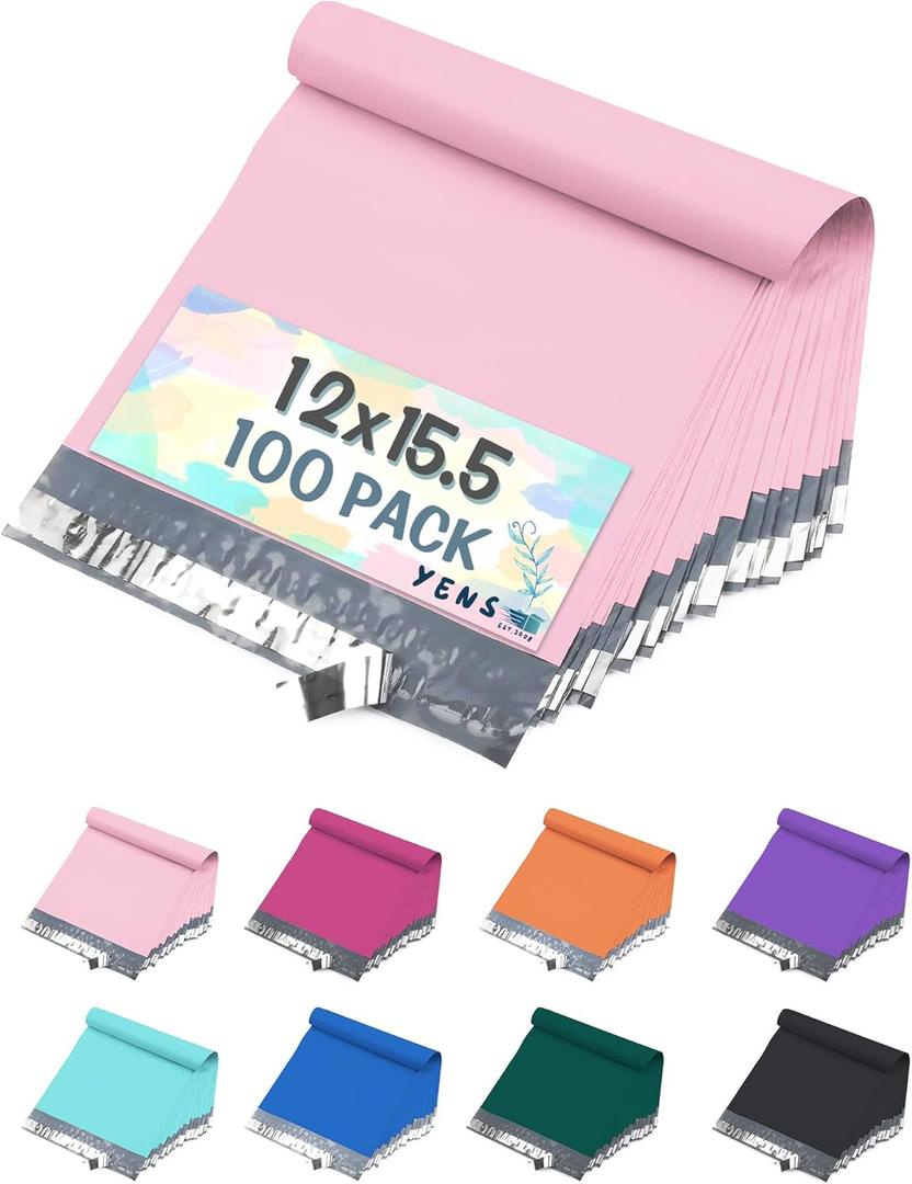 Yens Poly Mailers 12X15.5 100 Pack Light Pink,Strong Self Seal Adhesive Shipping Envelopes Waterproof for Shipping, Mailing, Packaging M5