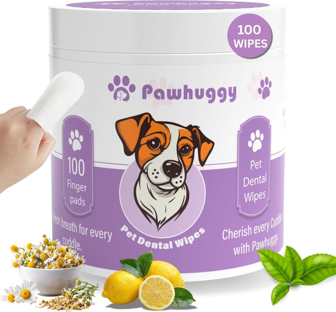 Pawhuggy - 100 Finger Wipes - Pet Dental Wipes for Dogs & Cats - Dog Teeth Cleaning Powder & Toothpaste Alternative - Dog & Cat Teeth Cleaning Wipes - Freshen Breath & Reduce Plaque