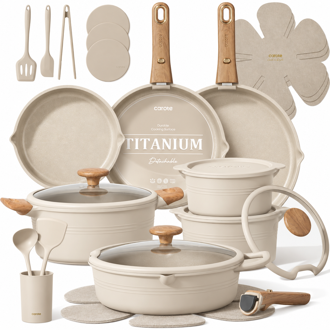 CAROTE 30pcs Titanium Cookware Set, Pots and Pans Set Detachable Handle, 30 Piece