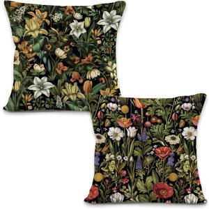 Vintage Floral Throw Pillow Covers, Dark Cottagecore Wildflower Botanical Decorative Pillowcases Cushion Cases for Home Living Room Bedroom Decor, 18x18 Pillow Covers Set of 2