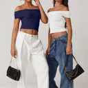 QINSEN Womens Off The Shoulder Tops Double Lined Short Sleeve T Shirts Slim Fitted Stretchy Crop Top (Blue, M)