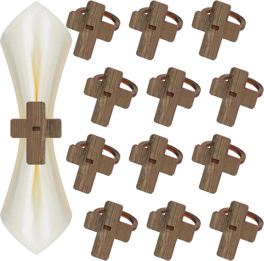 2 x 12 PCS Wood Crosses Easter Napkin Rings Wood Napkin Ring Holders Modern Ring Holder Serviette Buckles First Communion Decorations for Table Settings Kitchen Dinner Party Birthday Wedding