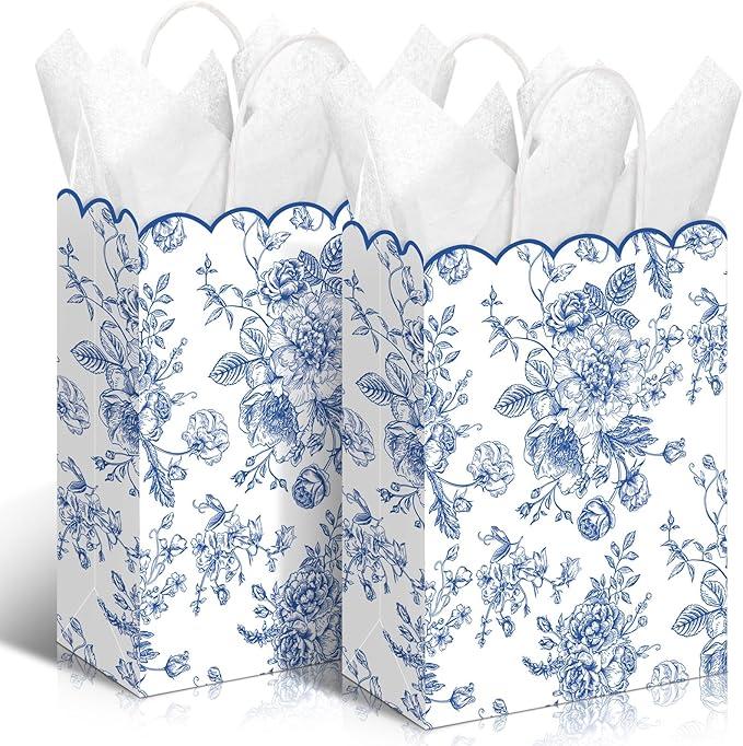Kolldenn 24 Pcs Blue Floral Gift Bags with Handles Wildflower Party Favor Candy Treat Goodie Bags Scalloped for Birthday Decoration for Bridal Baby Shower Party Supplies