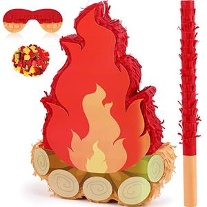 Small Camping Campfire Piñata Fake Flame Party Birthday Party Decoration Camping Adventure Baby Shower Photo Props with Wooden Stick Paper Confetti Set for Kids Boys and Girls,16.1 x 10.2 x 2.8 Inch
