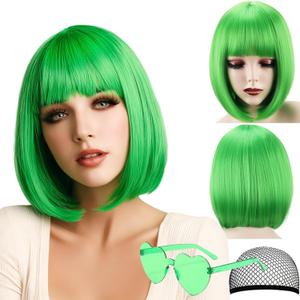 Bob Wig, 12 Inch Short Bob Wig with Bangs,Straight Cosplay Wig,Heat Resistant,Adjustable Straps Wigs for Women Girl with Wig Cap (Kelly Green, 12 Inch)