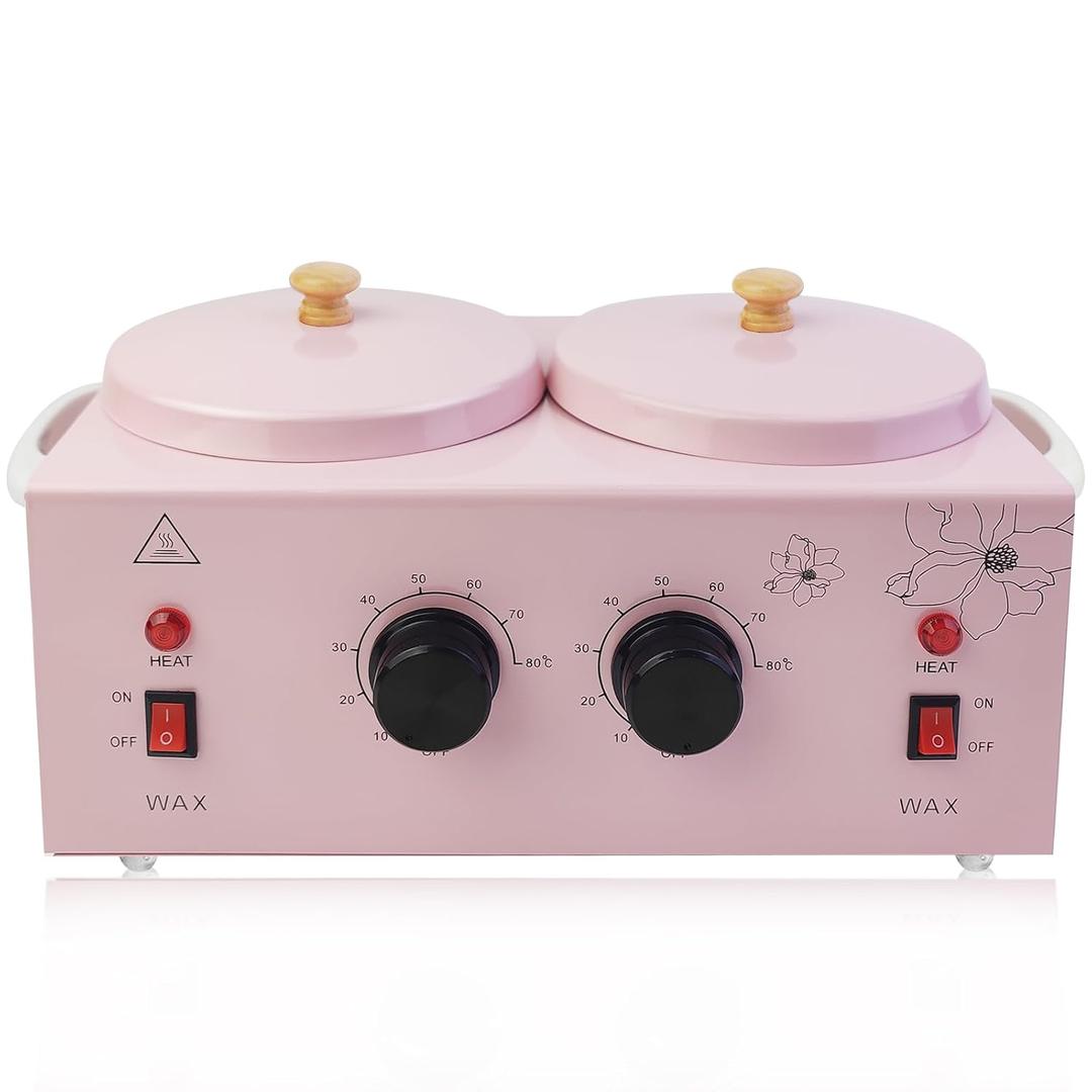 Portable Wax Warmer with Adjustable Temperature and 40 Wax Sticks - Painless Hair Removal for Women and Men (Pink-Double Pots)