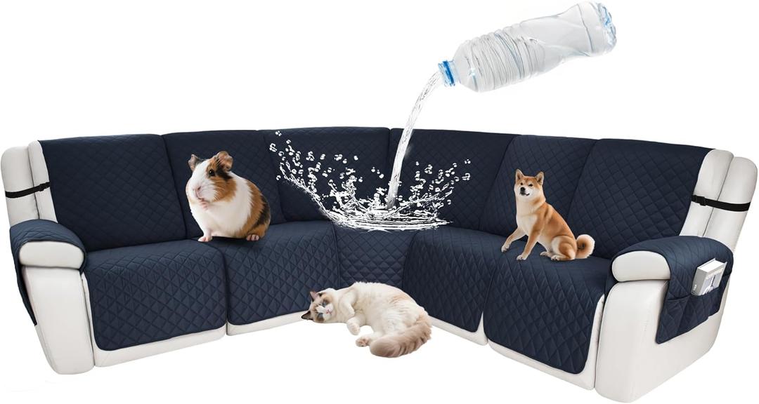 Waterproof Sectional Reclining Couch Covers L Shaped Recliner Sectional Sofa Cover 7 Piece Non Slip Washable Corner Recliner Slipcover Set for Pet Dog (5 Seater Cover, Navy Blue)