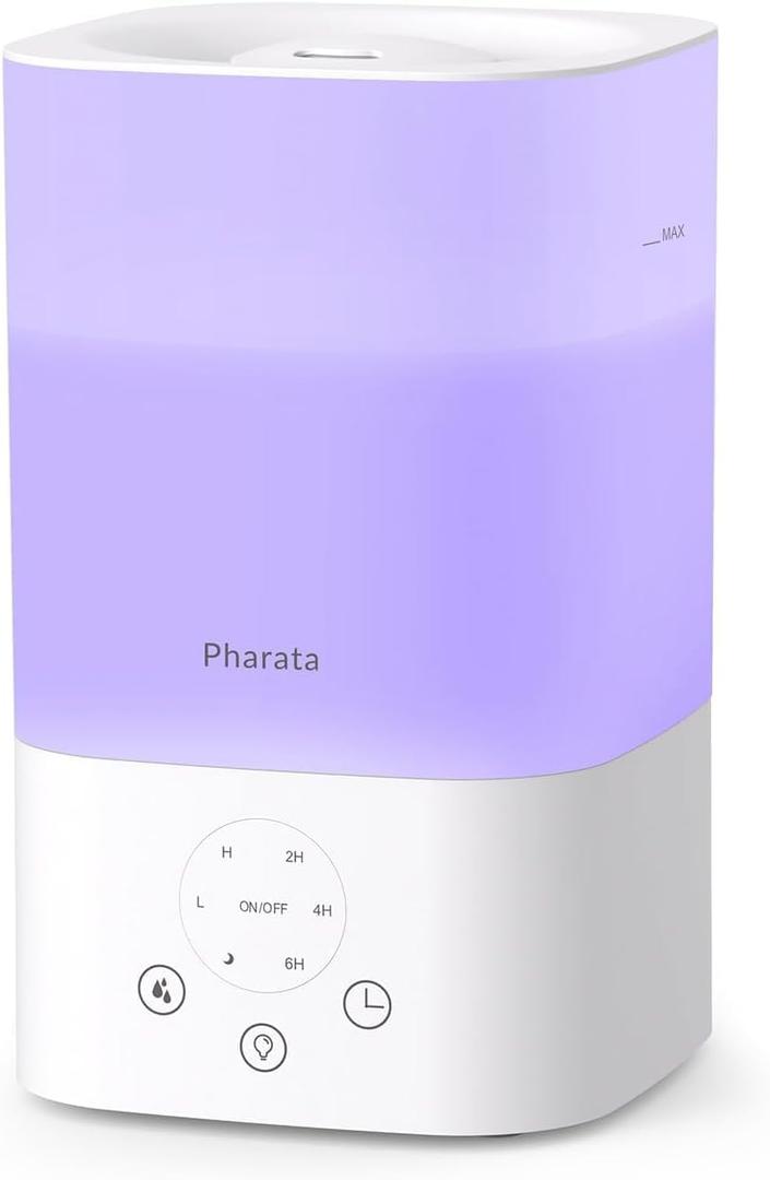 Pharata Humidifiers for Bedroom Home, 3.5L Top Fill Air Cool Mist Humidifiers for Baby Large Room Indoor Plants Nursery, Night Light, White