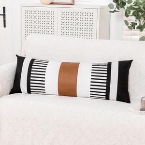 Long Body Lumbar Decorative Pillow Cover 14x36 Rectangle Boho Accent Cushion Case for Bed Couch Bench Faux Leather Pillowcase, Black (Cover ONLY, Pack of 1)