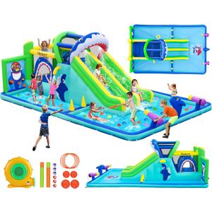 FBSPORT Inflatable Bounce House Water Slide Park, Double Slide Bouncer Castle with 550W Air Blower, Climbing Wall, Jumping Area, Toss Rings, Basketball, Splash, Bouncy House for Backyard Outdoor
