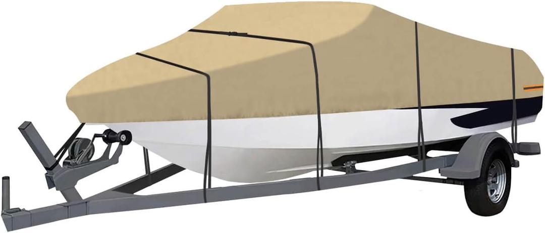 OutdoorLines Waterproof Boat Covers 14-16 Ft Long - Heavy Duty UV Resistant Trailerable Boat Covering for V-Hull,Tri-Hull, Bass, Runabout, Fish&Ski,Pro-Style Fishing Boat, Camel