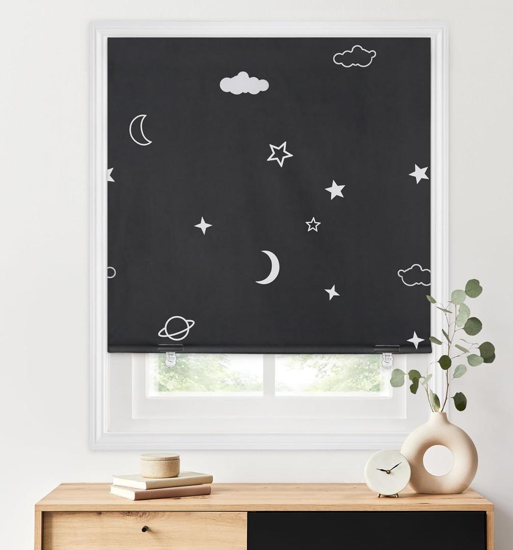 LazBlinds 100% Blackout Roller Shades, No Tools No Drill Cordless Blinds for Windows, Thermal Insulated UV Protection Privacy Window Shades for Bedroom (35''W x 72''H, Stars)