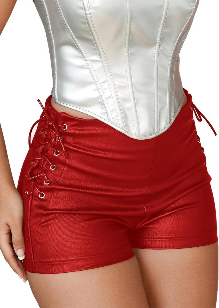 Leather Shorts for Women High Waisted Lace Up Side Stretchy Sexy Mini Booty Short Y2K Rave Club Party Concert Winter, XL