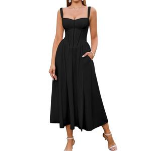 KUTUMAI Floral Corset Midi Dress Flowy Slit Summer Spring Wedding Guest Dresses for Women Sundress with Pockets Black L