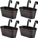 OBTANIM 4 Pack Metal Hanging Flower Pots Iron Railing Planter Outdoor Fence Hanging Pots Bucket Plant Holder with Detachable Hooks Drain Holes for Home Garden Yard Decor (Black)