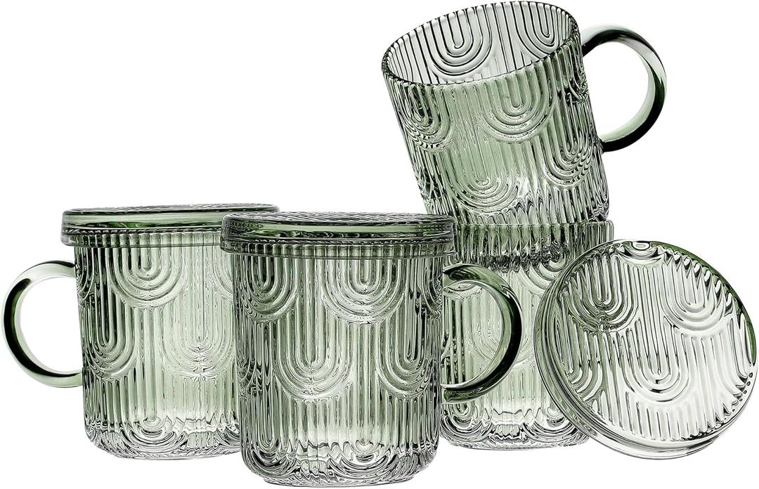 Lysenn Glass Coffee Mugs Set of 4 - Premium Crystal Glass Mugs with Lids  Unique Design Coffee Glasses for Tea Latte Cocoa Chocolate - 10 oz, Lime Green