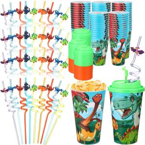 Maxcheck 36 Sets 16 oz Dinosaur Cups Birthday Party Favors with Colorful Lids and Straws for Birthday Decorations Rainbow Plastic Cups Reusable Plastic Straws for Party