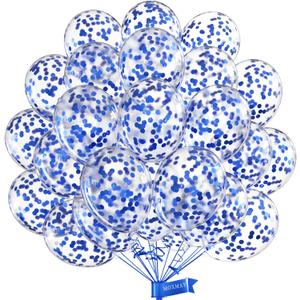 Blue Confetti Balloons 12 inch, 50 Pcs Clear Balloons with Blue Confetti Glitter for Birthday Wedding Baby Shower Christmas Party Decoration