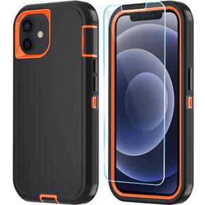 Phone Case for iPhone 12 Case/iPhone 12 Pro Case with HD Screen Protector, Heavy Duty Shockproof & Dropproof 3-Layer Cover Phone Case for iPhone 12/12 Pro (BlackOrange)