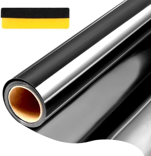 Tatub 35.4"x78" One Way Window Film Daytime Privacy Static Cling Mirror Window Tint for Home Office Door Living Room, Heat Reflective UV Blocking House Window Mirror Glass Tint, Black-Silver Pack Of 3