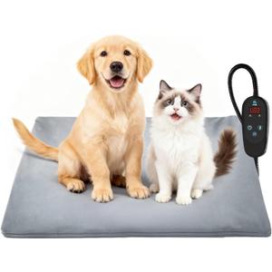 PETNF Pet Heating Pad Temperature Adjustment Anti-bite Puppy with Timer Cat Dog Heating Pad Indoor Waterproof Pet Warming Electric Heated Bed Mat Dog (L: 29.5'' x 17.7'', Grey)