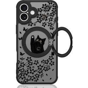 Cute Case for iPhone 16 Case with Stand [ Compatible with MagSafe ] Kawaii Black Cat & Floral & Butterflies Pattern Design 360 Magnetic Ring Kickstand Phone Cover for Women Girls Boys
