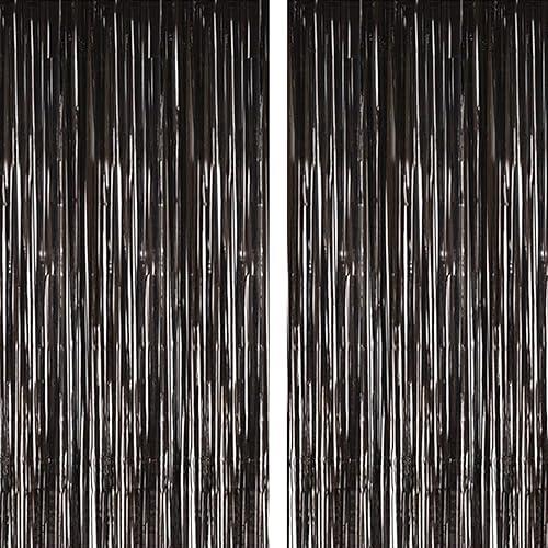2 Pcs 3.2ft x 8.2ft Shiny Black Metallic Tinsel Foil Fringe Curtain Photo Booth Backdrop Props for Birthday Wedding Bridal Shower Baby Shower Celebration Bachelorette Party Decorations