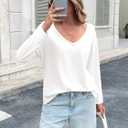Tankaneo Womens Oversized Long Sleeve Shirts Deep V Neck Fall Tops Casual Loose Fit Tunic Basic Tees (White)