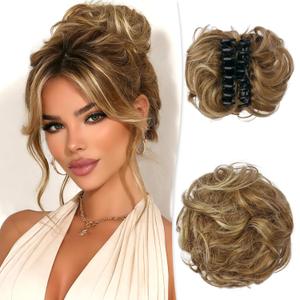 RUWISS Claw Clip Messy Bun Hair Piece Real Human Hair Buns Wavy Curly Chignon Bun Extensions Tousled Updo Claw Clip Ponytail for Women (12H24# Medium Auburn/Blonde)