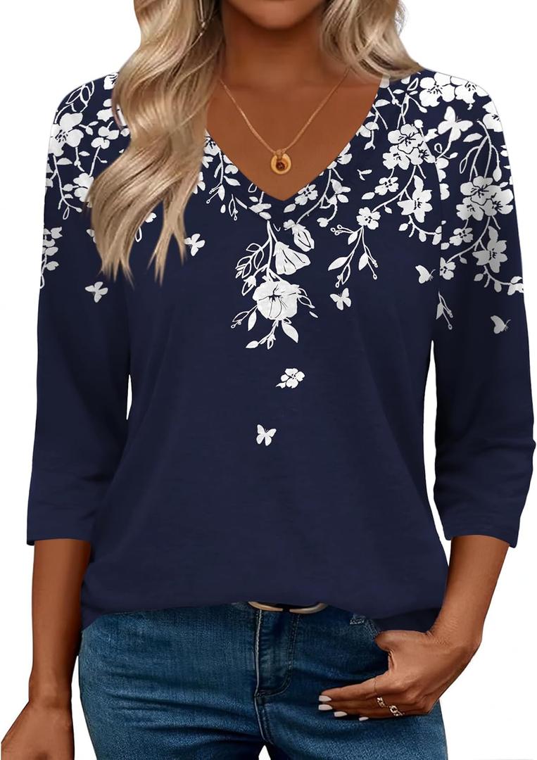 Zeagoo 3/4 Length Sleeve Womens Tops Casual V Neck Shirts Soft Basic Tees Business Work Blouses (White Flower_sf103)