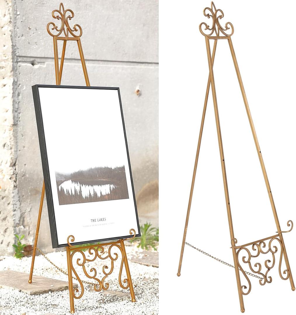 15"L x 25.5"W x 56.5"H Metal Scroll Extra Large Free Standing Adjustable Display Stand Easel with Chain Support, Heavy Duty Easel for Sign, Wedding, Picture Frame, Mirror, Gold (No Assembly Required)