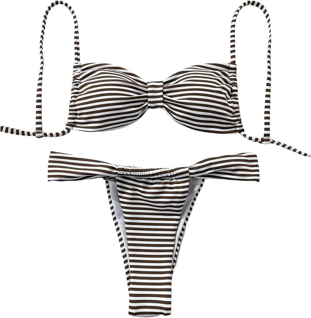 SOLY HUX Striped Bikini Sets for Women Ruched Spaghetti Strap Thong Bathing Suit Two Piece Swimsuit (Large)