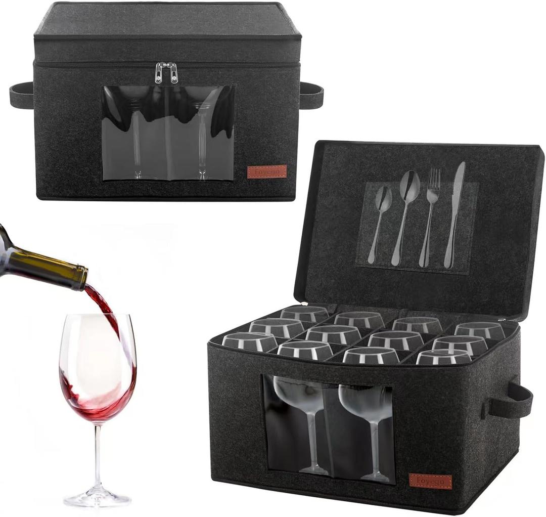 Foyego 2 Pack Wine Glass Storage Box with Dividers, Stemware Storage Containers for Packing and Moving, China Storage Containers Box for 12 Crystal Glassware, Wine Glasses, Drinkware,Dark Gray