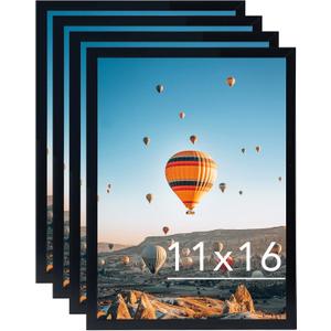 JCJMY 11x16 Black Picture Frame Set of 4, Horizontal and Vertical Formats for Wall Hanging, 11 x 16 Wall Gallery Poster Photo Frames with Shatter Resistant Plexiglass, 4 Pack, Black