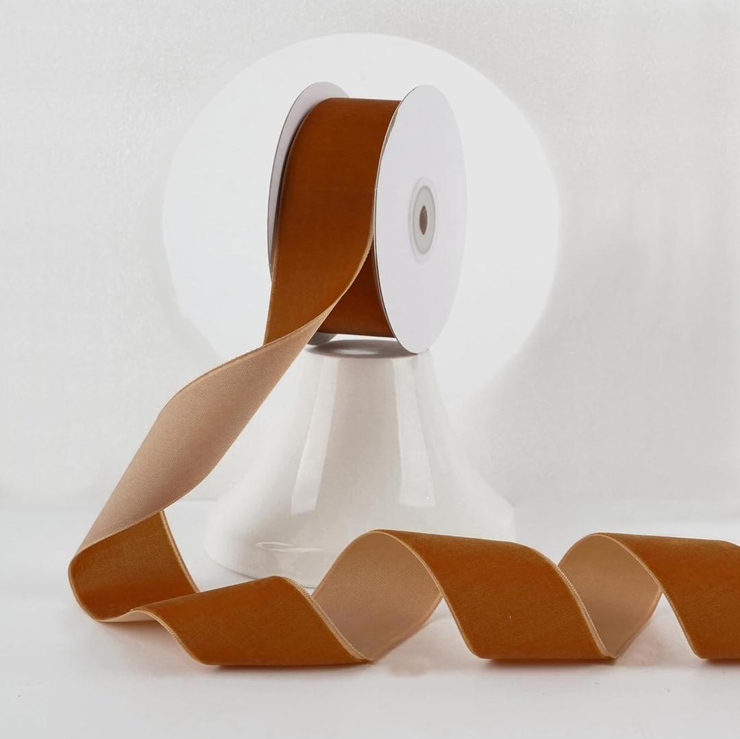 MEEDEE Cognac Velvet Ribbon 1.5 Inch Single Face Nylon Velvet Ribbon 10 Yards Spool Copper Ribbons for Christmas Tree, Gift Wrappig, Rustic Wreath, Velvet Bow, Hair Bows Supply, Home Decor