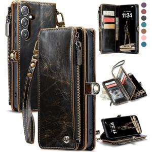 Defencase Compatible with Samsung Galaxy S23 FE 5G Case Wallet with RFID Blocking Card Holder for Women Men, PU Leather Magnetic Snap Flip Zipper Strap Wallet Phone Case Fit for Galaxy S23 FE, Coffee