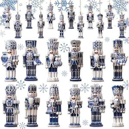 Barydat 36 Pcs Christmas Nutcracker Ornaments for Tree Blue and White Nutcracker Christmas Decoration Wooden Blue and White Hanging Ornaments for Xmas Tree Crafts