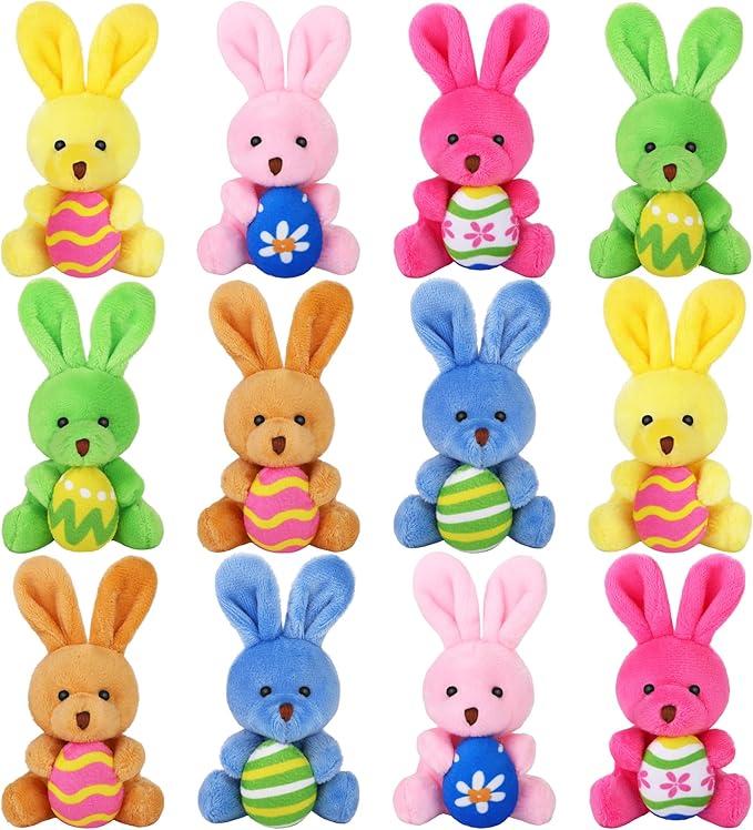Fovths 12 Pack 4.7 Inch Easter Plush Bunnies Keychain Eggs Stuffed Bunny Set Plush Rabbit with Eggs Filler or Basket Filler Rabbit Keychain Set Easter Party Favors Gifts, Multi-Color
