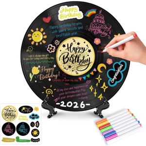 Vinyl Record Birthday Guest Book Alternative, 12.1" Happy Birthday Decorations Signature Sign-in Poster with Stand, 8 Color Pens & Stickers, Birthday Party Favors Keepsake Gift for Men Women