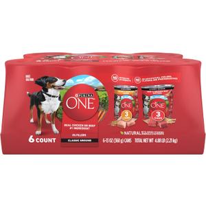Purina ONE Classic Ground Chicken and Brown Rice, and Beef and Brown Rice Entrees Wet Dog Food Variety Pack - (Pack of 6) 13 oz. Cans BB 6/2026