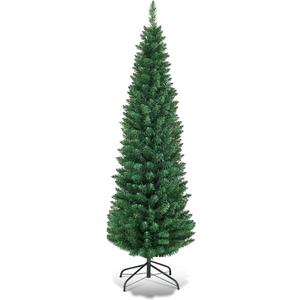 Goplus 6FT Pencil Christmas Tree, Artificial Slim Christmas Tree, 400 Branch Tips, Premium PVC Needles, with Sturdy Metal Stand, Unlit Xmas Tree for Home Office Shops Hotels (Green)